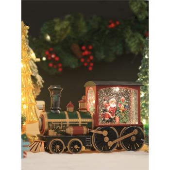 圣誕節兒童小禮物復古圣誕老人汽車火車音樂盒飄雪發光風燈擺件