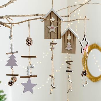 Hromeo 圣誕節木質裝飾掛件圣誕樹掛飾ins拍攝道具圣誕鈴鐺五角星