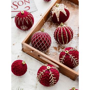 圣誕彩繪球植絨暗紅圣誕球diy圣誕樹裝飾球吊飾圣誕節裝飾品