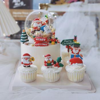 2022圣誕節蛋糕裝飾擺件軟膠圣誕老人雪人水晶球紙杯蛋糕插件插牌
