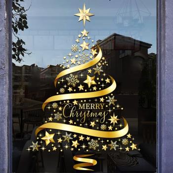 創意金色圣誕樹櫥窗貼圣誕節貼紙裝飾品場景布置玻璃門貼靜電貼畫