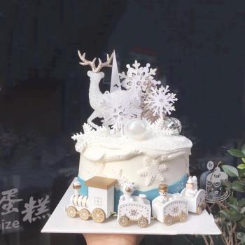 烘焙蛋糕裝飾水晶鹿圣誕麋鹿白色小鹿雪花火車圣誕節擺件插牌插件
