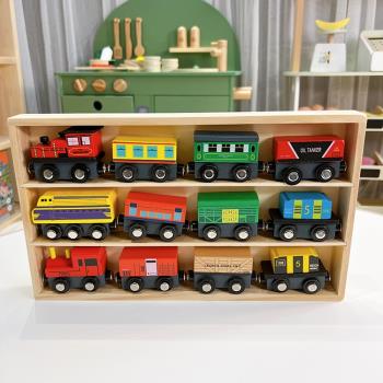 兒童木制磁吸小火車12節滑行雙頭磁力工程車帶木盒玩具兼容木軌道