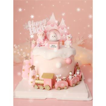 烘焙蛋糕裝飾粉色系圣誕水晶球擺件網紅木質小火車甜品裝扮插件