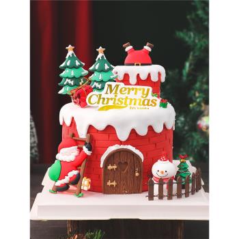 圣誕節烘焙蛋糕裝飾創意爬梯子圣誕老人插件圣誕快樂甜品插牌擺件