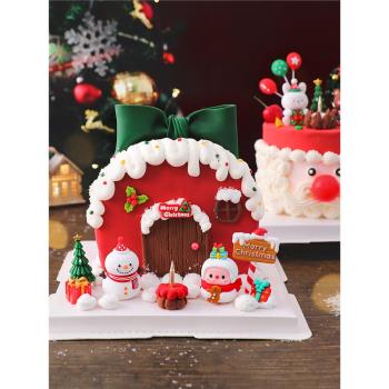 3D立體玩偶小熊小兔雪人圣誕夜場景微景觀擺件圣誕節烘焙蛋糕裝飾