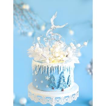 圣誕烘焙蛋糕裝飾閃粉透明水晶麋鹿玩偶擺件冰雪果實花環插牌插件