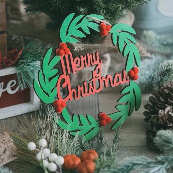 merry christmas木片花環圣誕節木質小掛件 圣誕樹墻面掛飾裝飾品