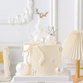 網紅女神生日蛋糕裝飾水晶麋鹿小鹿擺件圣誕節迷你皇冠珍珠鏈插件