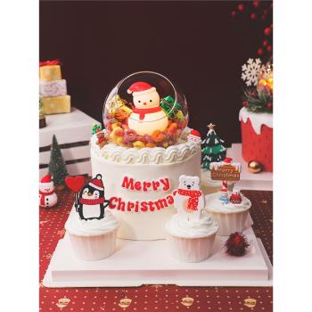 網紅圣誕節可愛發光雪人燈蛋糕裝飾氛圍感甜品擺件玻璃罩麥圈裝飾