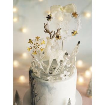 烘焙蛋糕裝飾圣誕水晶馴鹿花環裝飾擺件雪花透明皇冠蛋糕插牌插件