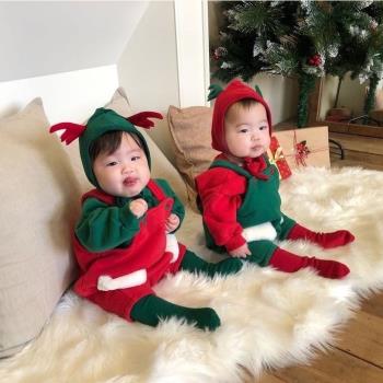 韓版童裝嬰幼兒圣誕背帶爬服嬰兒雙層加絨加厚保暖衛衣褲子套裝
