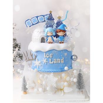圣誕節蛋糕裝飾藍色系冰雪精靈男孩女孩玩偶擺件冰屋雪花水晶鹿