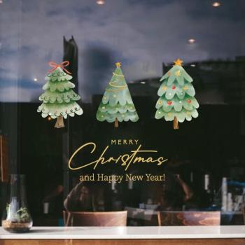 圣誕節裝飾ins圣誕樹玻璃貼紙 2024新年甜品店鋪櫥窗布置靜電窗花