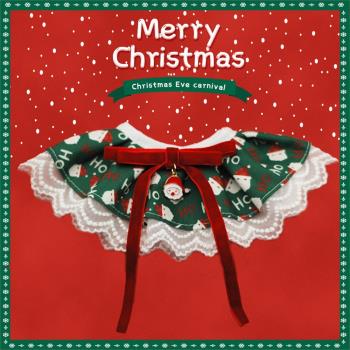 圣誕節貓咪口水巾鈴鐺蕾絲項圈新年寵物狗狗紅色圍脖深綠圍嘴圍巾