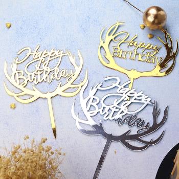 【10個裝】亞克力生日快樂插旗新年生日蛋糕裝飾 圣誕節鹿角插牌