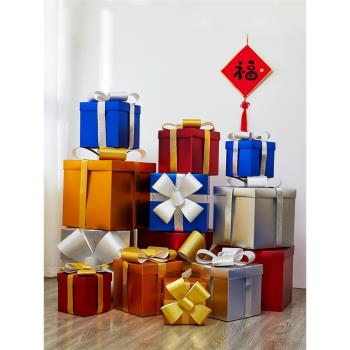 圣誕節裝飾品禮盒套裝高檔蝴蝶結禮盒金銀紅藍色紙質櫥窗場景布置
