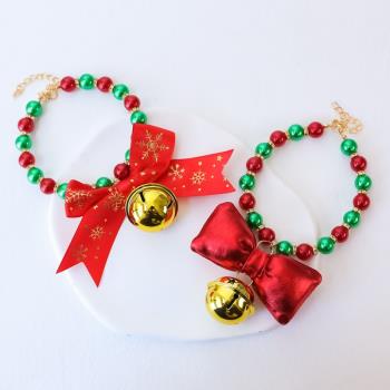 圣誕節蝴蝶結寵物項圈小貓咪狗狗雪花鈴鐺珍珠項鏈裝飾品紅色綠色