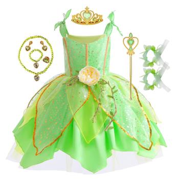 奇妙仙子小叮當豪華裙子小精靈女童綠色夢幻仙女裙圣誕節紗裙禮服