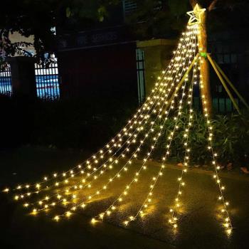 LED五角星流水瀑布燈圣誕節掛樹拖尾流星戶外庭院裝飾遙控太陽能