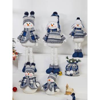 圣誕節伸縮雪人公仔布藝藍色娃娃桌面玩偶擺件圣誕店鋪櫥窗裝飾品