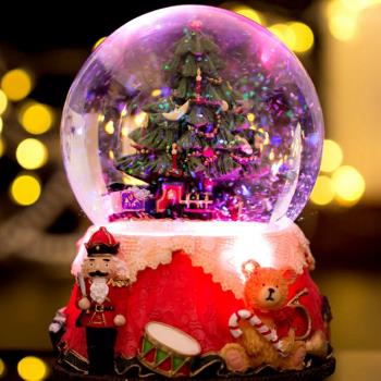 圣誕樹水晶球音樂盒LED夜燈光旋轉八音盒情侶女孩兒童圣誕節禮物