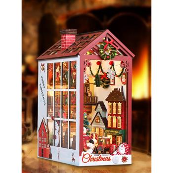 圣誕書立diy小屋發光裝飾微縮手工小房子模型玩具擺件圣誕節禮物