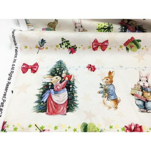 裸色底彼得兔家庭圣誕節數碼印花全棉布 diy手工兒童連衣裙抱枕