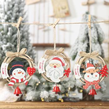 圣誕節裝飾品木質圓形花環門掛圣誕老人紅鈴鐺圣誕樹掛件麋鹿吊飾