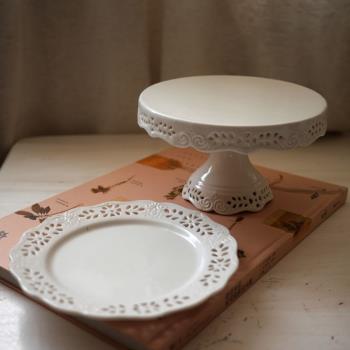 W1962法式復古陶瓷鏤空雕花浪漫奶白色高腳托盤/蛋糕托盤甜品臺
