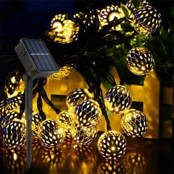 太陽能鏤空鐵藝圓球摩洛哥球圣誕節彩燈LED燈串商場婚禮房間裝飾