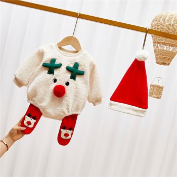 寶寶冬裝加絨加厚圣誕哈衣嬰兒網紅喜慶造型三角爬服保暖紅連體衣