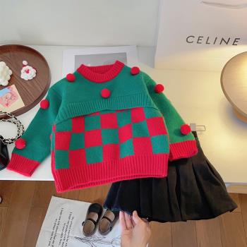 女童毛衣2022秋冬新款紅色寶寶冬季加厚打底網紅兒童圣誕節針織衫