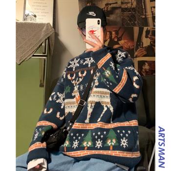 ins圓領毛衣男生秋冬季情侶裝外套港風韓版寬松慵懶聖誕節針織衫