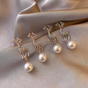 圣誕節鑲鉆韓版可愛珍珠小鹿耳飾