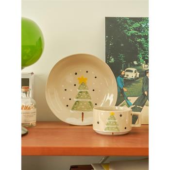 肆月 陶瓷杯子韓式ins馬克杯手繪圣誕樹咖啡杯家用小眾設計感水杯