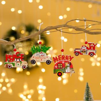 圣誕彩繪木質小掛件圣誕節裝飾品圣誕樹麻繩彩色老人汽車圖案掛件