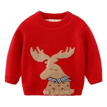 男童圓領毛衣加絨加厚冬裝新款兒童圣誕節新年紅色毛線衣寶寶8753