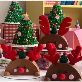 韓國圣誕節烘焙裝飾毛絨紅麋鹿角紅鼻子毛球蛋糕裝飾迷你毛線帽子