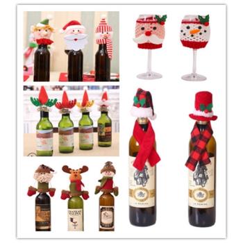圣誕用品精靈紅酒瓶袋布藝豹紋領結香檳酒瓶套卡通抱手酒瓶蓋裝飾