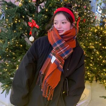 本命年紅色女冬季韓版格子圍巾