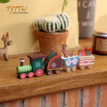 圣誕節裝飾品迷你小火車綠皮桌面擺件卡通木質櫥窗微景觀兒童禮物