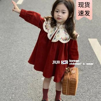 中國風女童紅色圣誕連衣裙冬季洋氣兒童云肩周歲寶寶禮服公主裙子