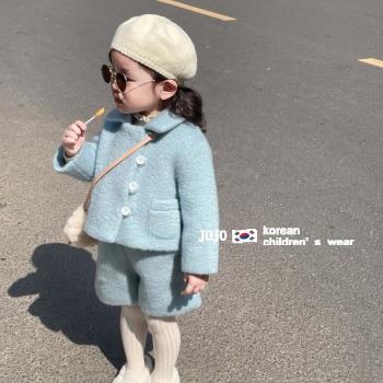 韓國童裝女童小香風套裝冬季洋氣寶寶毛呢外套短褲兒童圣誕兩件套