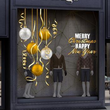 圣誕節輕奢裝飾玻璃貼金色彩球吊飾玻璃門落地櫥窗玻璃幕墻窗貼畫