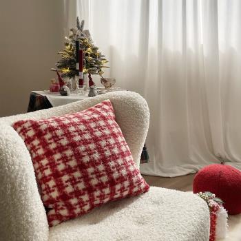 圣誕季ins復古紅格絨抱枕客廳沙發抱枕套靠枕軟裝民宿搭配