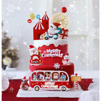 圣誕節烘焙蛋糕裝飾雪橇老人麋鹿雪人襪子禮盒巴士插件甜品臺裝扮