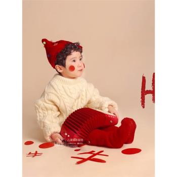 男童白色毛衣長款兒童攝影服裝新年主題圣誕5歲6春秋外景拍攝森系