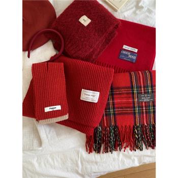 禮物套裝~紅色格子圍巾女冬季保暖韓國網紅護頸氛圍感百搭圍脖ins