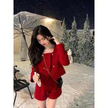 famouswang2022年冬季新款圣誕新年本命復古紅小香方領毛呢套裝